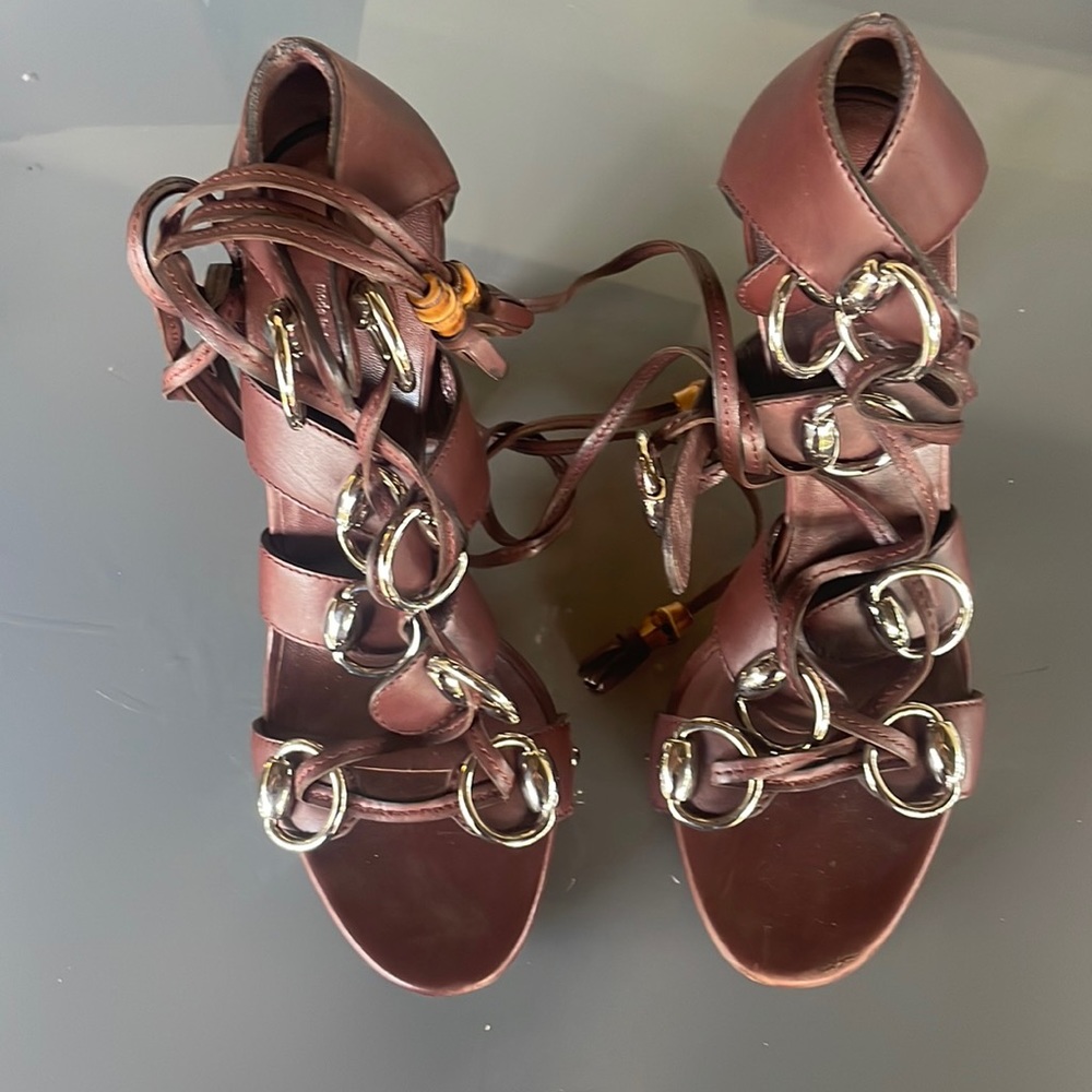 GUCCI Brown Leather Platform Super High Heel Ankle Wrap Sandals